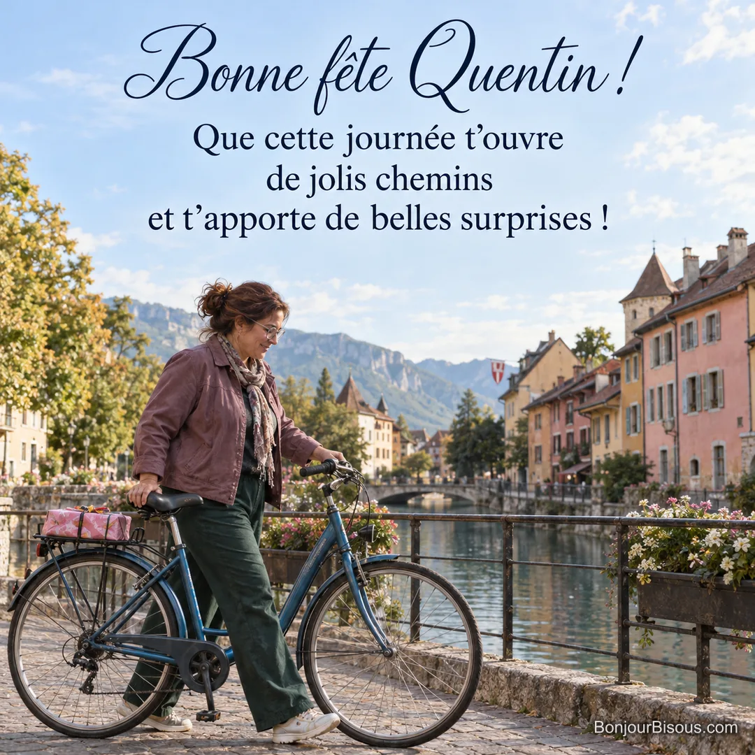 Une femme pousse un vélo bleu portant un paquet rose au bord d’un canal d’Annecy, avec le texte « Bonne fête Quentin ! Que cette journée t’ouvre de jolis chemins et t’apporte de belles surprises ! ». Une femme pousse un vélo bleu portant un paquet rose au bord d’un canal d’Annecy, avec le texte « Bonne fête Quentin ! Que cette journée t’ouvre de jolis chemins et t’apporte de belles surprises ! ».