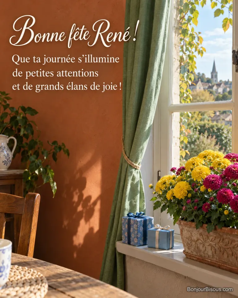 Des chrysanthèmes jaunes et fuchsia illuminent une fenêtre décorée de petits cadeaux. Le message est : « Bonne fête René ! Que ta journée s’illumine de petites attentions et de grands élans de joie ! »