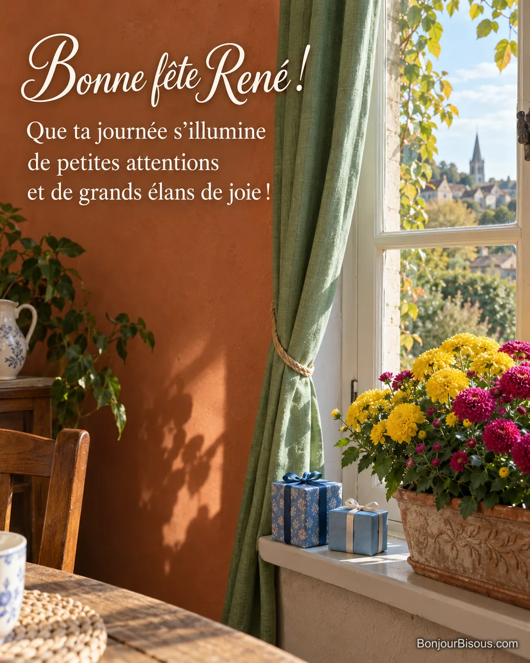 Des chrysanthèmes jaunes et fuchsia illuminent une fenêtre décorée de petits cadeaux. Le message est : « Bonne fête René ! Que ta journée s’illumine de petites attentions et de grands élans de joie ! » Des chrysanthèmes jaunes et fuchsia illuminent une fenêtre décorée de petits cadeaux. Le message est : « Bonne fête René ! Que ta journée s’illumine de petites attentions et de grands élans de joie ! »