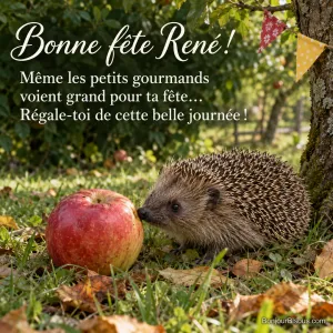 Un hérisson renifle une grosse pomme rouge dans un verger aux couleurs d’automne. Le message est : « Bonne fête René ! Même les petits gourmands voient grand pour ta fête… Régale-toi de cette belle journée ! »