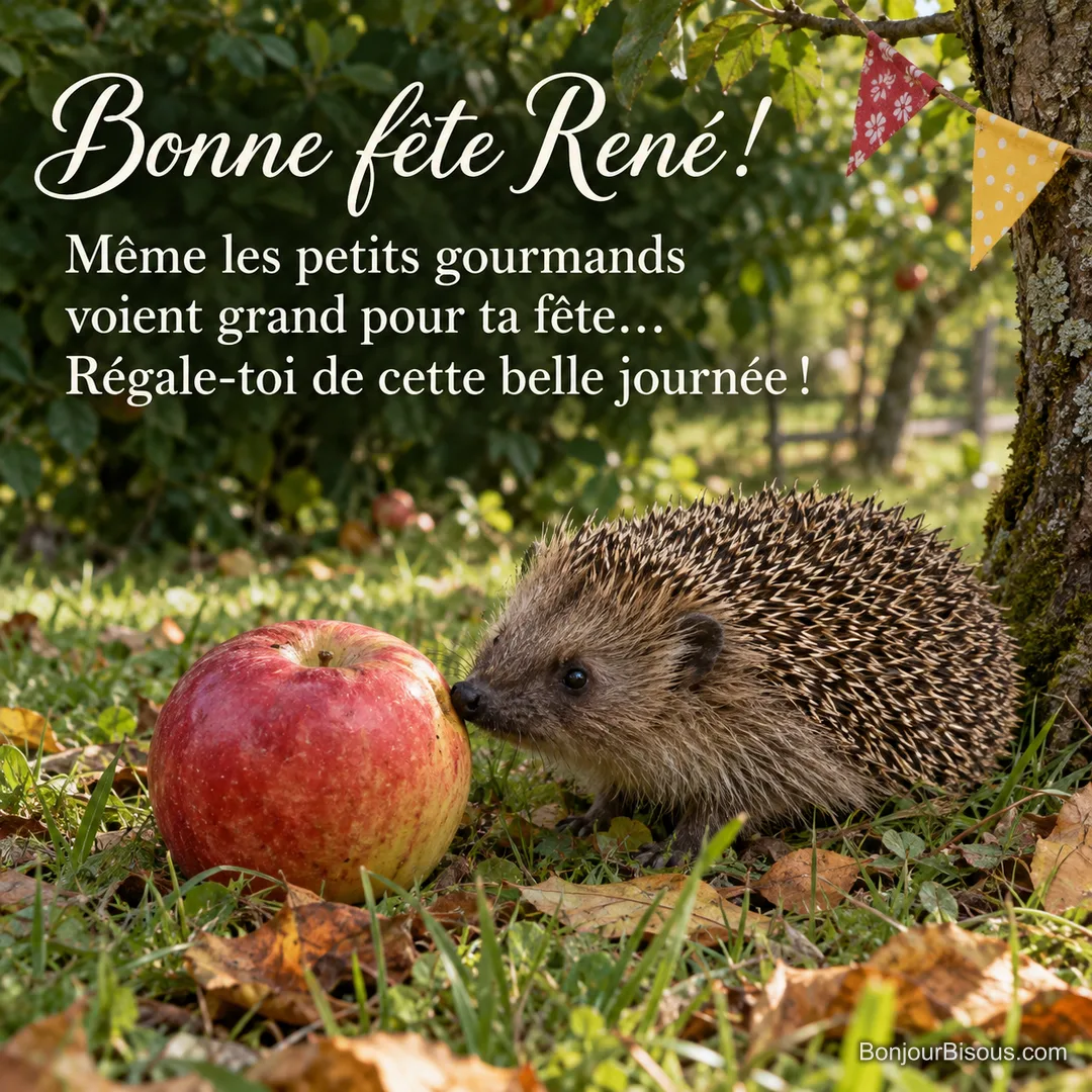 Un hérisson renifle une grosse pomme rouge dans un verger aux couleurs d’automne. Le message est : « Bonne fête René ! Même les petits gourmands voient grand pour ta fête… Régale-toi de cette belle journée ! » Un hérisson renifle une grosse pomme rouge dans un verger aux couleurs d’automne. Le message est : « Bonne fête René ! Même les petits gourmands voient grand pour ta fête… Régale-toi de cette belle journée ! »