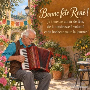 Un accordéoniste joue dans une cour lyonnaise ornée de guirlandes colorées. Le message est : « Bonne fête René ! Je t’envoie un air de fête, de la tendresse à volonté et du bonheur toute la journée ! »