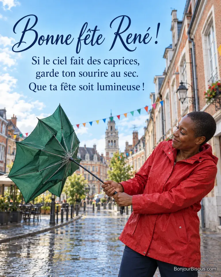 Une passante sourit devant son parapluie retourné tandis que le soleil revient. Le message est : « Bonne fête René ! Si le ciel fait des caprices, garde ton sourire au sec. Que ta fête soit lumineuse ! »