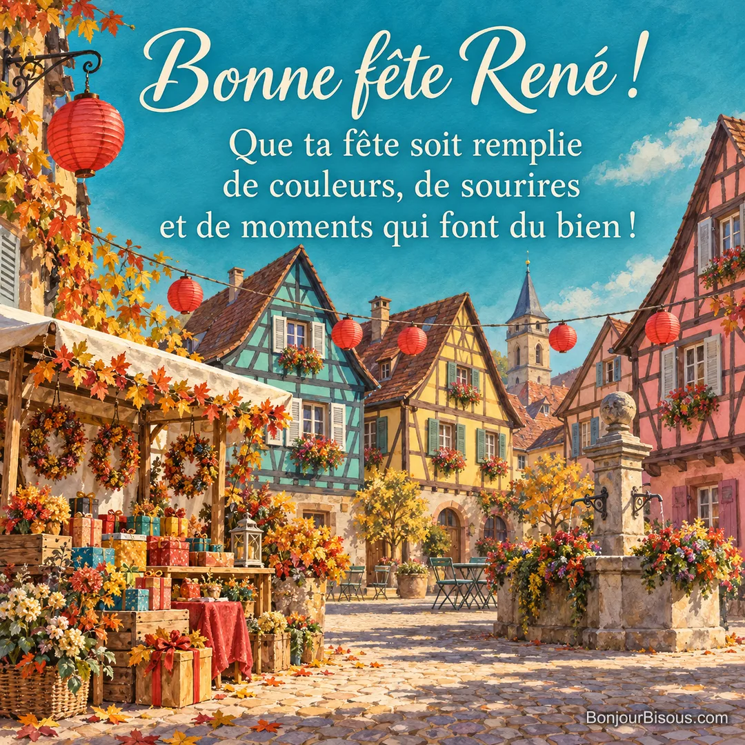 Une place alsacienne accueille un étal de décorations d’automne et de cadeaux colorés. Le message est : « Bonne fête René ! Que ta fête soit remplie de couleurs, de sourires et de moments qui font du bien ! » Une place alsacienne accueille un étal de décorations d’automne et de cadeaux colorés. Le message est : « Bonne fête René ! Que ta fête soit remplie de couleurs, de sourires et de moments qui font du bien ! »