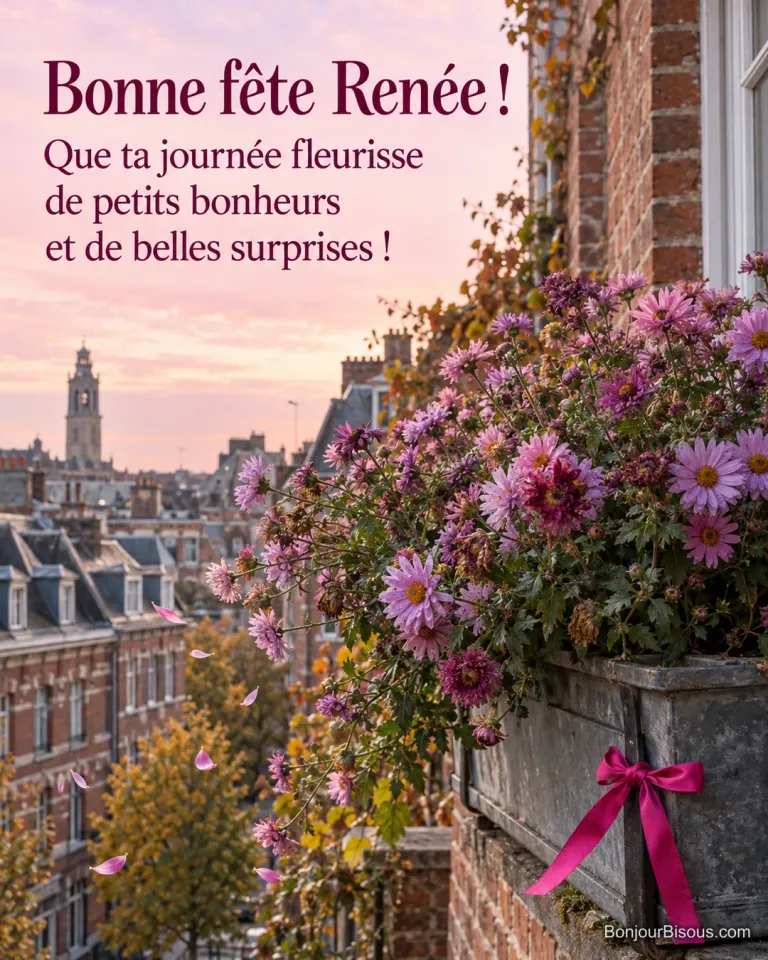 Des asters roses et mauves s’épanouissent sur un balcon lillois, avec le message « Bonne fête Renée ! Que ta journée fleurisse de petits bonheurs et de belles surprises ! ».