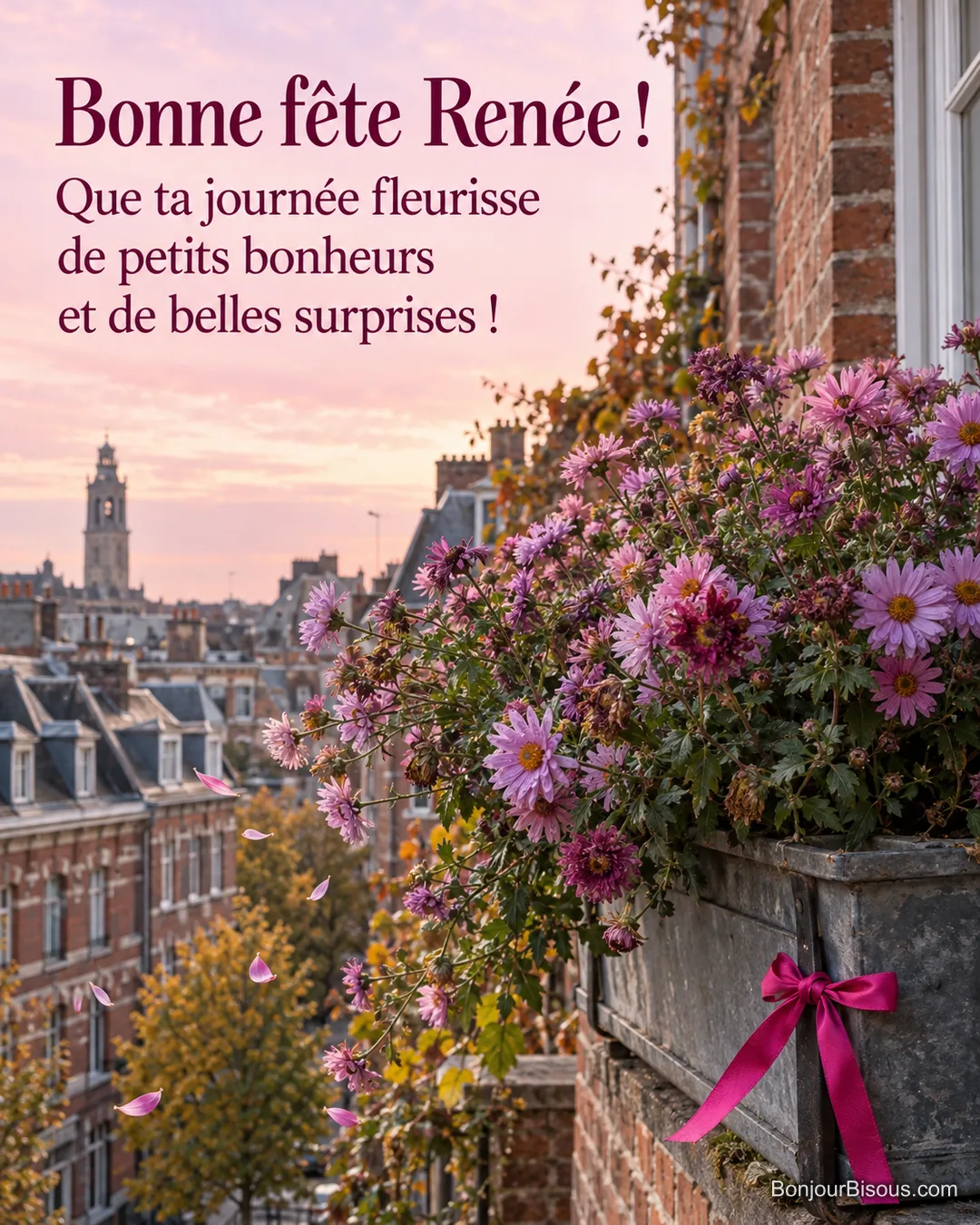 Des asters roses et mauves s’épanouissent sur un balcon lillois, avec le message « Bonne fête Renée ! Que ta journée fleurisse de petits bonheurs et de belles surprises ! ». Des asters roses et mauves s’épanouissent sur un balcon lillois, avec le message « Bonne fête Renée ! Que ta journée fleurisse de petits bonheurs et de belles surprises ! ».