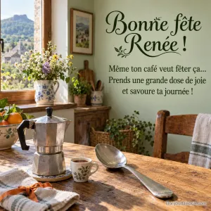 Une toute petite tasse de café côtoie une immense cuillère dans une cuisine, avec le message « Bonne fête Renée ! Même ton café veut fêter ça… Prends une grande dose de joie et savoure ta journée ! ».