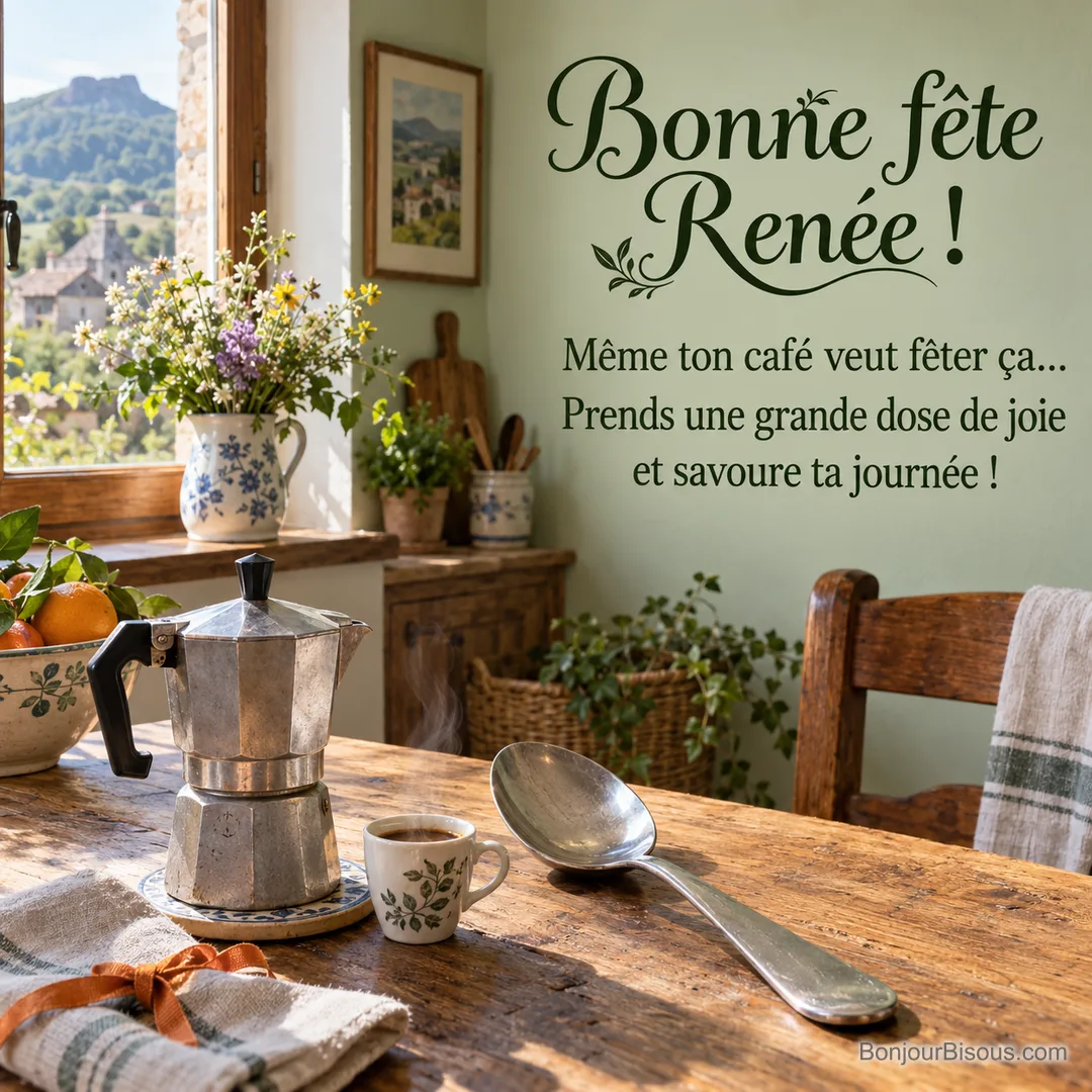 Une toute petite tasse de café côtoie une immense cuillère dans une cuisine, avec le message « Bonne fête Renée ! Même ton café veut fêter ça… Prends une grande dose de joie et savoure ta journée ! ». Une toute petite tasse de café côtoie une immense cuillère dans une cuisine, avec le message « Bonne fête Renée ! Même ton café veut fêter ça… Prends une grande dose de joie et savoure ta journée ! ».