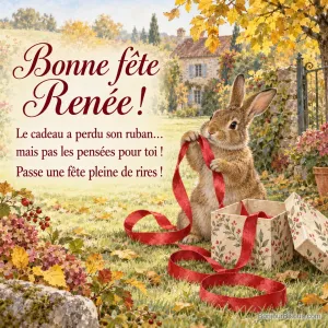 Un lapin brun s’amuse avec le ruban rouge d’un cadeau dans un jardin, avec le message « Bonne fête Renée ! Le cadeau a perdu son ruban… mais pas les pensées pour toi ! Passe une fête pleine de rires ! ».
