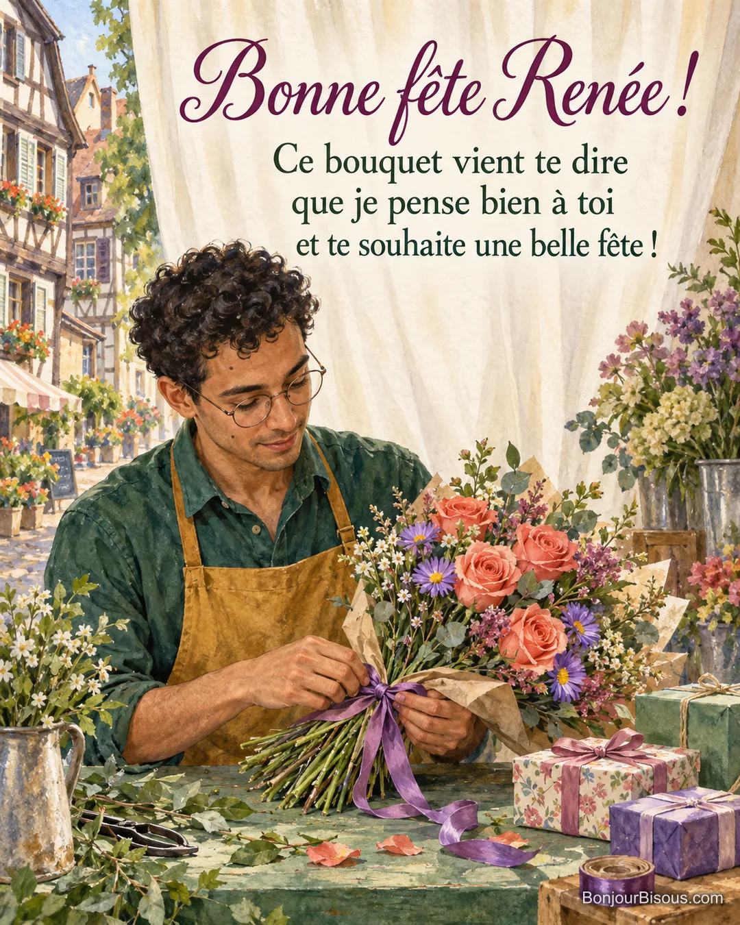 Un fleuriste noue un ruban violet autour d’un bouquet de roses et d’asters, avec le message « Bonne fête Renée ! Ce bouquet vient te dire que je pense bien à toi et te souhaite une belle fête ! ». Un fleuriste noue un ruban violet autour d’un bouquet de roses et d’asters, avec le message « Bonne fête Renée ! Ce bouquet vient te dire que je pense bien à toi et te souhaite une belle fête ! ».