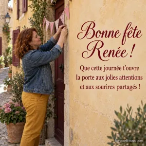 Une habitante accroche des fanions roses à la porte d’une maison provençale, avec le message « Bonne fête Renée ! Que cette journée t’ouvre la porte aux jolies attentions et aux sourires partagés ! ».