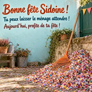 Un râteau à feuilles se retrouve devant une immense montagne de confettis colorés dans une cour décorée pour la fête. Le message indique : « Bonne fête Sidoine ! Tu peux laisser le ménage attendre ! Aujourd’hui, profite de ta fête ! »