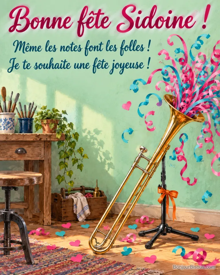 Un trombone doré sur son support déborde de serpentins roses et turquoise, comme s’il avait avalé les décorations de la fête. Le message indique : « Bonne fête Sidoine ! Même les notes font les folles ! Je te souhaite une fête joyeuse ! »