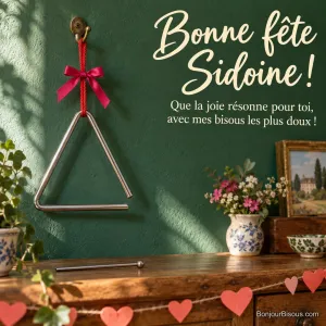 Un triangle musical argenté et sa baguette sont entourés de cœurs de papier pour offrir une petite fête en musique. Le message indique : « Bonne fête Sidoine ! Que la joie résonne pour toi, avec mes bisous les plus doux ! »