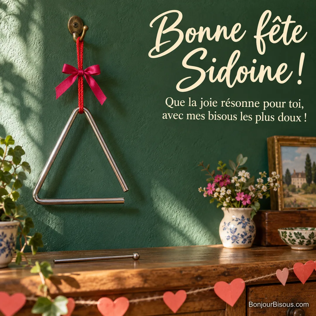 Un triangle musical argenté et sa baguette sont entourés de cœurs de papier pour offrir une petite fête en musique. Le message indique : « Bonne fête Sidoine ! Que la joie résonne pour toi, avec mes bisous les plus doux ! » Un triangle musical argenté et sa baguette sont entourés de cœurs de papier pour offrir une petite fête en musique. Le message indique : « Bonne fête Sidoine ! Que la joie résonne pour toi, avec mes bisous les plus doux ! »