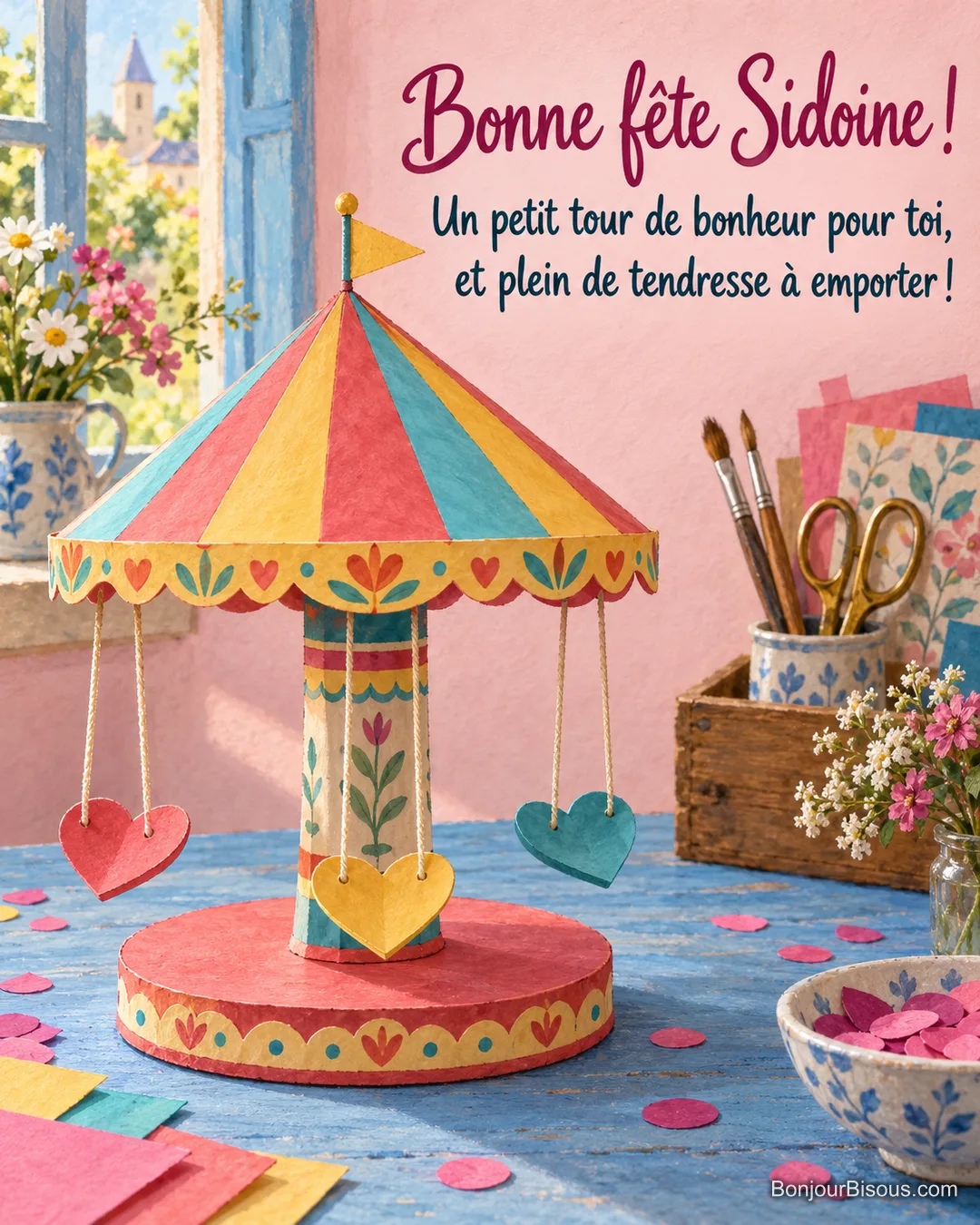 Un manège artisanal en papier coloré, avec trois sièges en cœur, invite à un petit tour de bonheur. Le message indique : « Bonne fête Sidoine ! Un petit tour de bonheur pour toi, et plein de tendresse à emporter ! » Un manège artisanal en papier coloré, avec trois sièges en cœur, invite à un petit tour de bonheur. Le message indique : « Bonne fête Sidoine ! Un petit tour de bonheur pour toi, et plein de tendresse à emporter ! »
