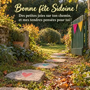 Un chemin de pierres peintes de cœurs mène vers un portillon de jardin décoré de fanions colorés. Le message indique : « Bonne fête Sidoine ! Des petites joies sur ton chemin, et mes tendres pensées pour toi ! »