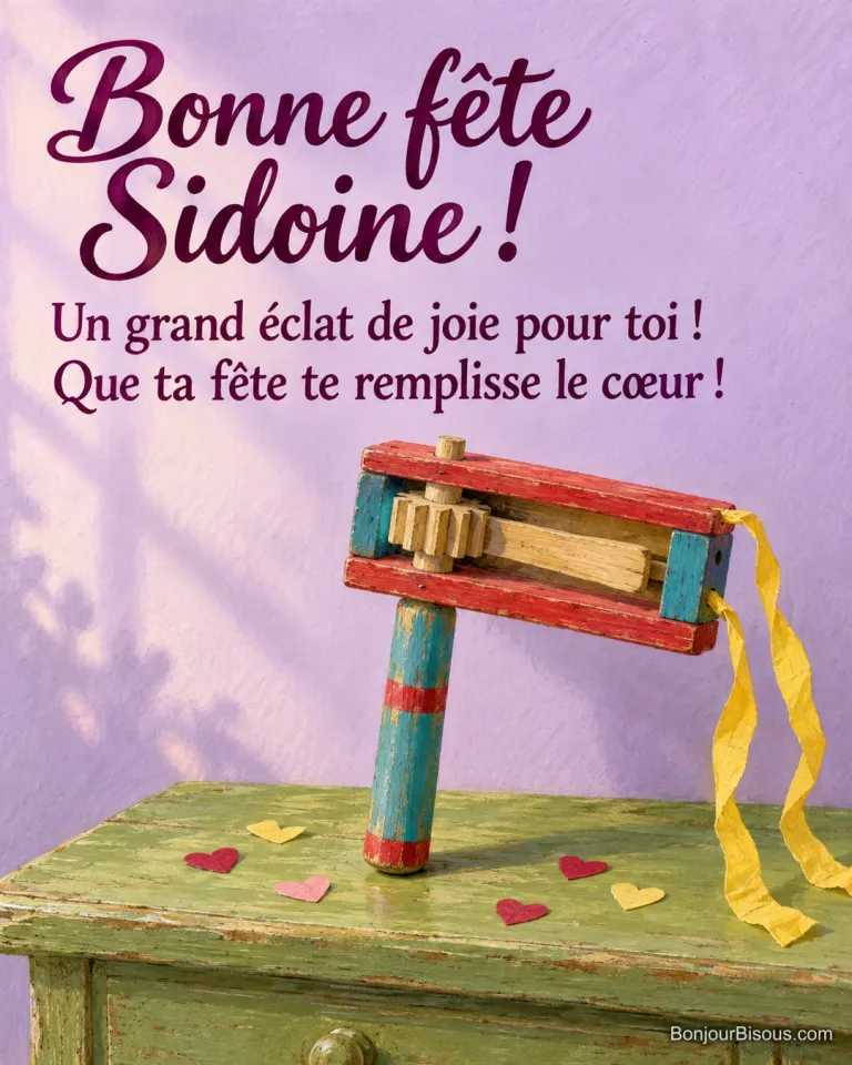 Une crécelle en bois rouge et turquoise, décorée de crépon jaune et de confettis, prépare un grand éclat de joie. Le message indique : « Bonne fête Sidoine ! Un grand éclat de joie pour toi ! Que ta fête te remplisse le cœur ! »