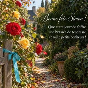 Des roses rouges et jaunes entourent un ruban turquoise dans un jardin du Val de Loire, avec le texte « Bonne fête Simon ! Que cette journée t’offre une brassée de tendresse et mille petits bonheurs ! ».