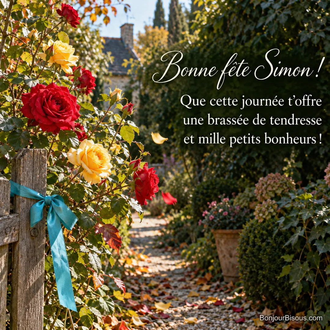 Des roses rouges et jaunes entourent un ruban turquoise dans un jardin du Val de Loire, avec le texte « Bonne fête Simon ! Que cette journée t’offre une brassée de tendresse et mille petits bonheurs ! ». Des roses rouges et jaunes entourent un ruban turquoise dans un jardin du Val de Loire, avec le texte « Bonne fête Simon ! Que cette journée t’offre une brassée de tendresse et mille petits bonheurs ! ».