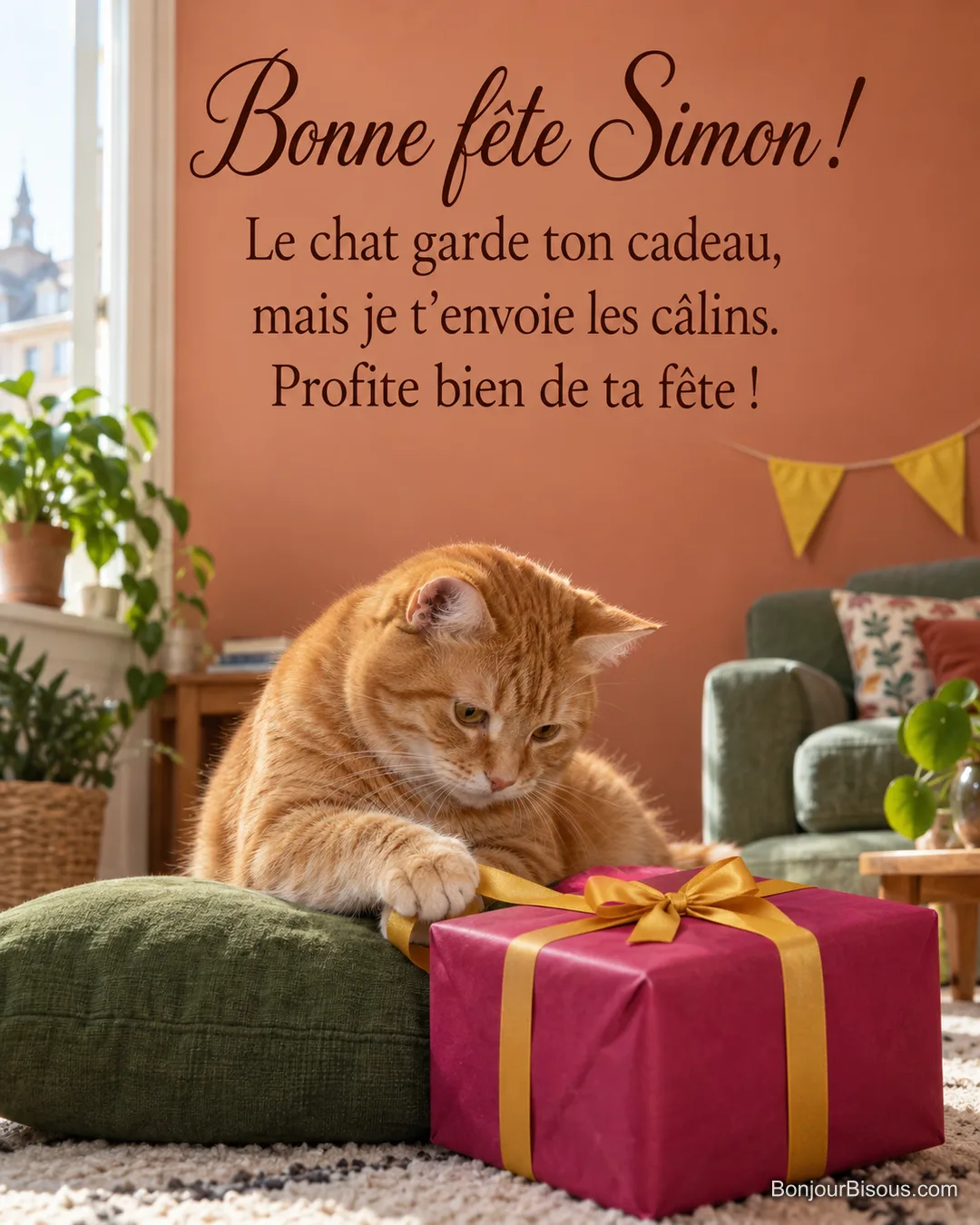 Un chat roux garde un paquet cadeau magenta en coinçant son ruban sous sa patte, avec le texte « Bonne fête Simon ! Le chat garde ton cadeau, mais je t’envoie les câlins. Profite bien de ta fête ! ». Un chat roux garde un paquet cadeau magenta en coinçant son ruban sous sa patte, avec le texte « Bonne fête Simon ! Le chat garde ton cadeau, mais je t’envoie les câlins. Profite bien de ta fête ! ».