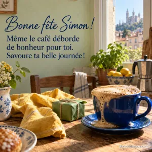 Une tasse cobalt déborde de mousse près d’un petit cadeau vert dans une cuisine lumineuse, avec le texte « Bonne fête Simon ! Même le café déborde de bonheur pour toi. Savoure ta belle journée ! ».