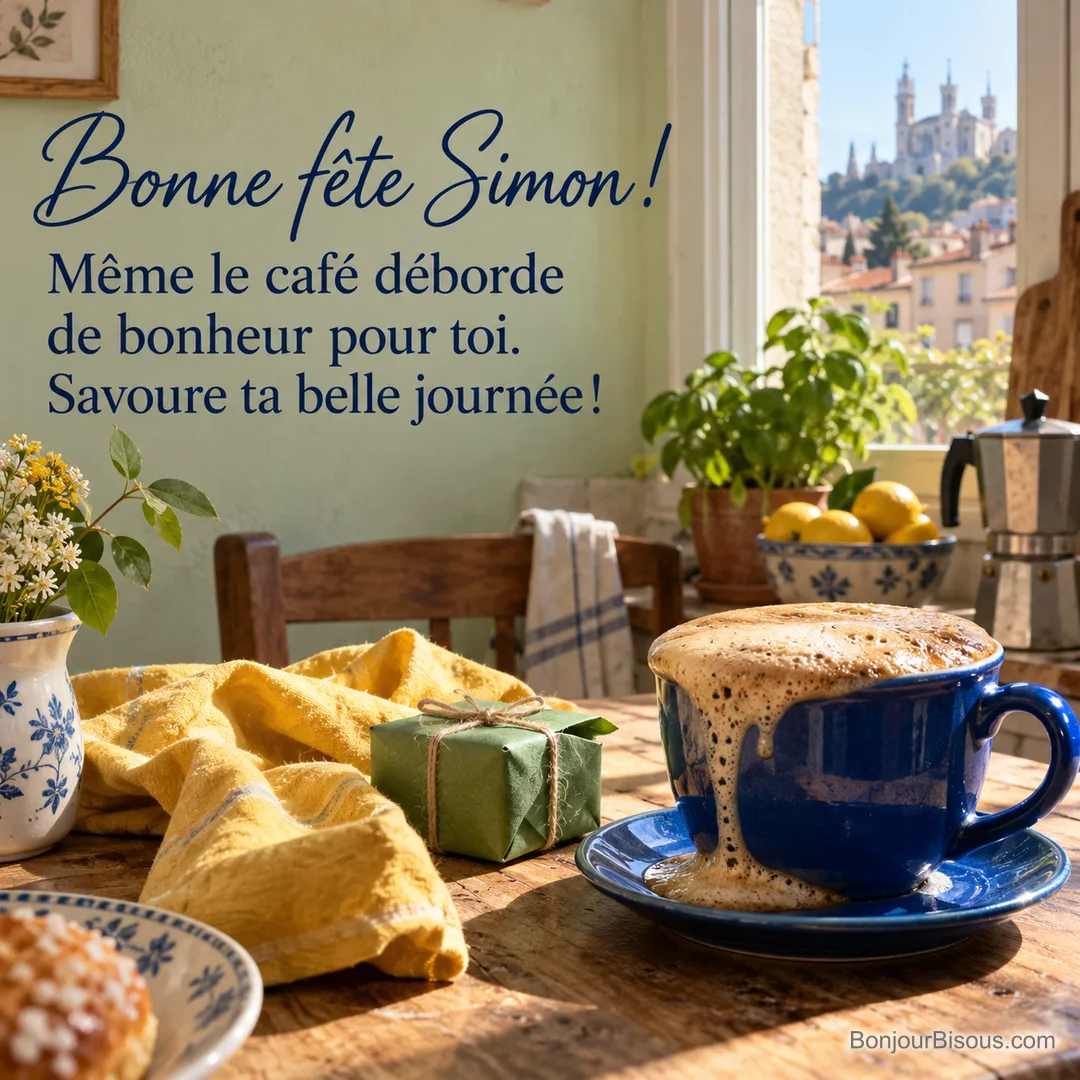 Une tasse cobalt déborde de mousse près d’un petit cadeau vert dans une cuisine lumineuse, avec le texte « Bonne fête Simon ! Même le café déborde de bonheur pour toi. Savoure ta belle journée ! ». Une tasse cobalt déborde de mousse près d’un petit cadeau vert dans une cuisine lumineuse, avec le texte « Bonne fête Simon ! Même le café déborde de bonheur pour toi. Savoure ta belle journée ! ».
