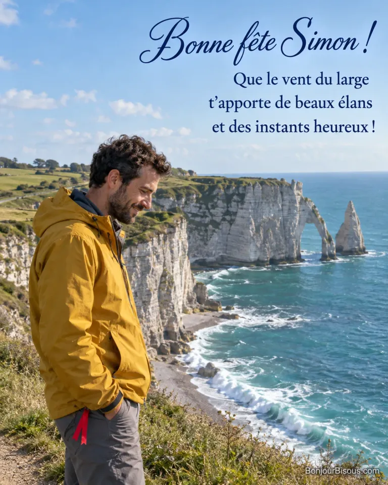 Un promeneur en veste safran contemple les vagues au pied des falaises d’Étretat, avec le texte « Bonne fête Simon ! Que le vent du large t’apporte de beaux élans et des instants heureux ! ».