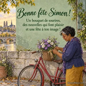 Une femme attache un bouquet d’asters au panier d’un vélo rouge à Tours, avec le texte « Bonne fête Simon ! Un bouquet de sourires, des nouvelles qui font plaisir et une fête à ton image ! ».