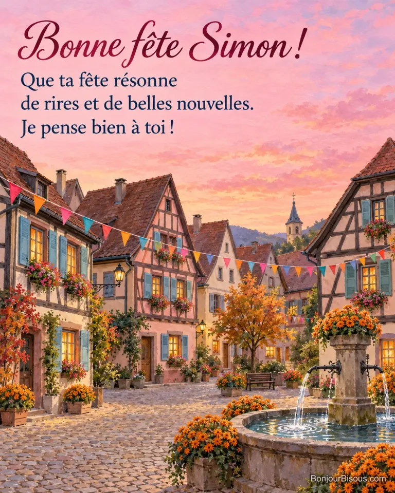 Une place de village alsacien s’anime de fanions colorés et d’une fontaine, avec le texte « Bonne fête Simon ! Que ta fête résonne de rires et de belles nouvelles. Je pense bien à toi ! ».