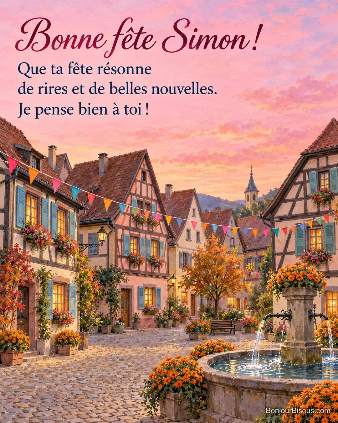 Une place de village alsacien s’anime de fanions colorés et d’une fontaine, avec le texte « Bonne fête Simon ! Que ta fête résonne de rires et de belles nouvelles. Je pense bien à toi ! ». Une place de village alsacien s’anime de fanions colorés et d’une fontaine, avec le texte « Bonne fête Simon ! Que ta fête résonne de rires et de belles nouvelles. Je pense bien à toi ! ».