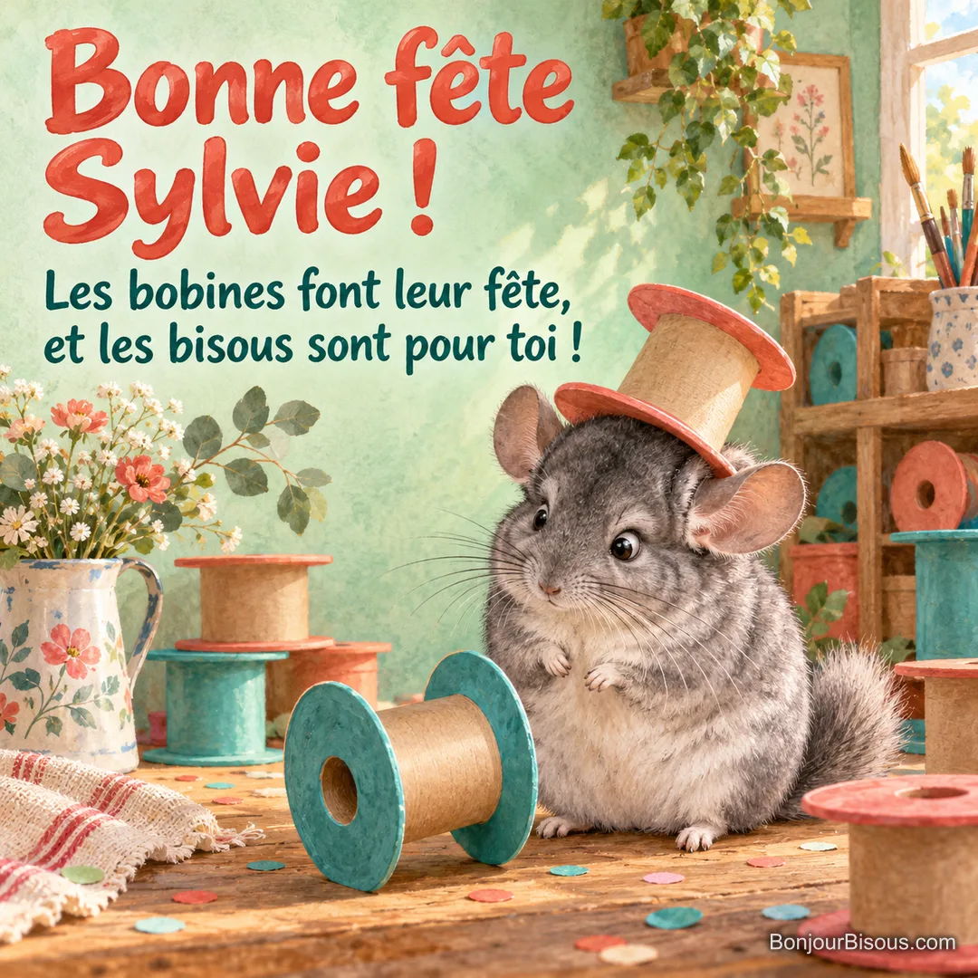 Un chinchilla gris joue les invités surprises parmi des bobines de ruban vides, avec le message « Bonne fête Sylvie ! Les bobines font leur fête, et les bisous sont pour toi ! ». Un chinchilla gris joue les invités surprises parmi des bobines de ruban vides, avec le message « Bonne fête Sylvie ! Les bobines font leur fête, et les bisous sont pour toi ! ».