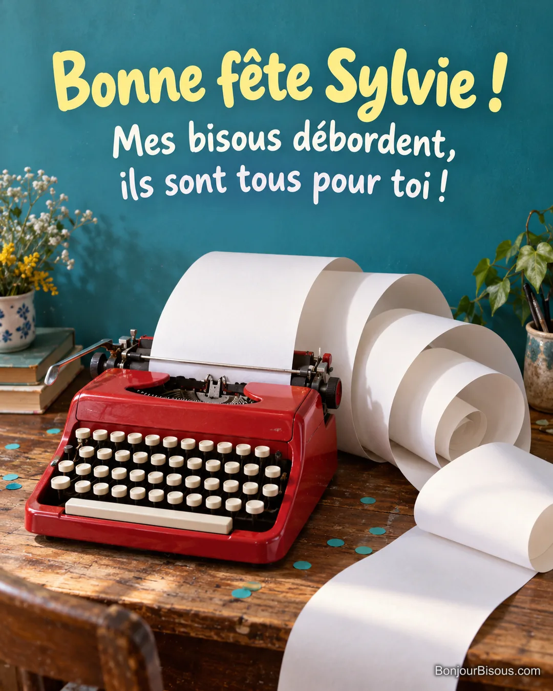 Une machine à écrire rouge laisse déborder une longue feuille blanche en spirale, avec le message « Bonne fête Sylvie ! Mes bisous débordent, ils sont tous pour toi ! ». Une machine à écrire rouge laisse déborder une longue feuille blanche en spirale, avec le message « Bonne fête Sylvie ! Mes bisous débordent, ils sont tous pour toi ! ».