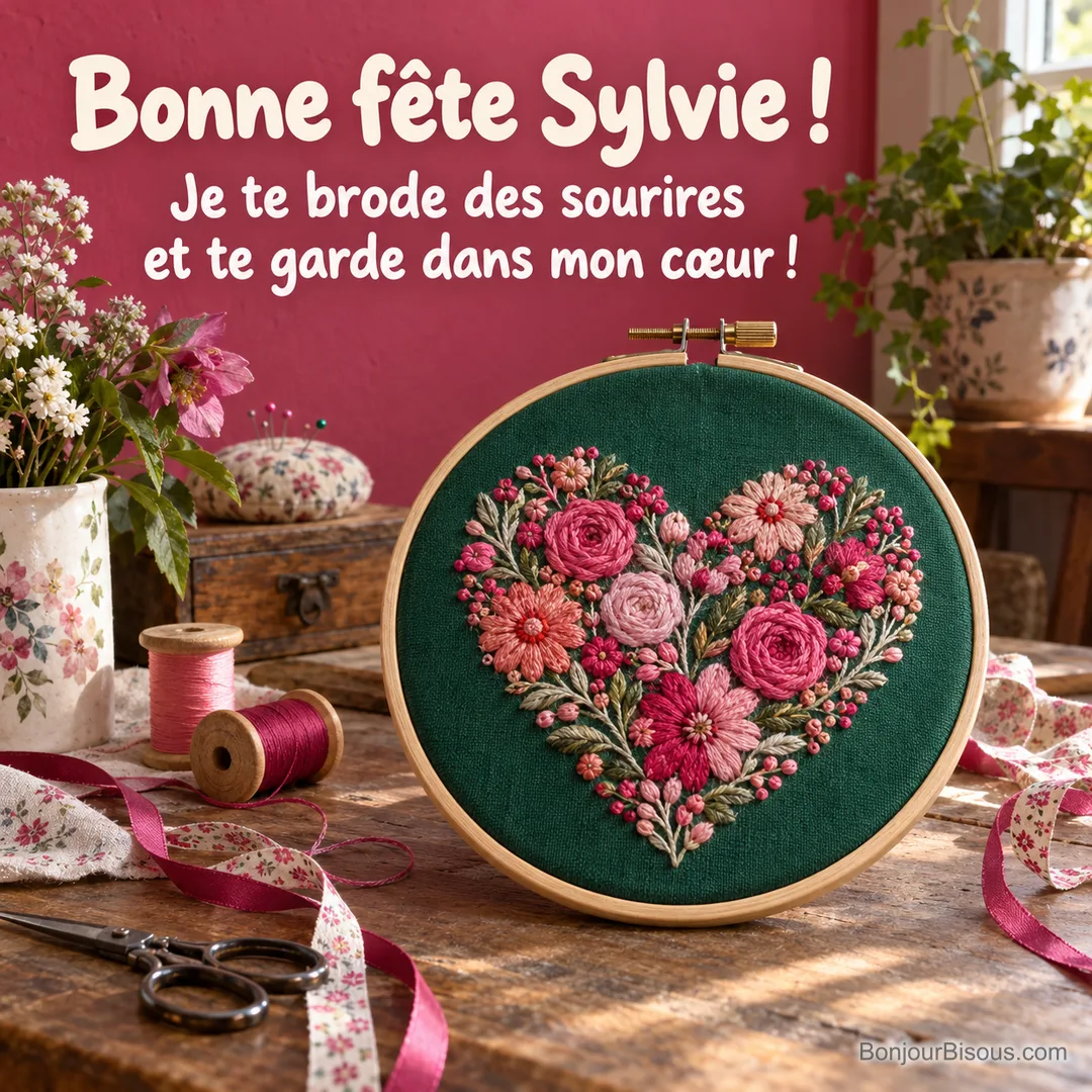 Un cœur rose et corail est brodé sur un tambour de tissu émeraude, avec le message « Bonne fête Sylvie ! Je te brode des sourires et te garde dans mon cœur ! ». Un cœur rose et corail est brodé sur un tambour de tissu émeraude, avec le message « Bonne fête Sylvie ! Je te brode des sourires et te garde dans mon cœur ! ».