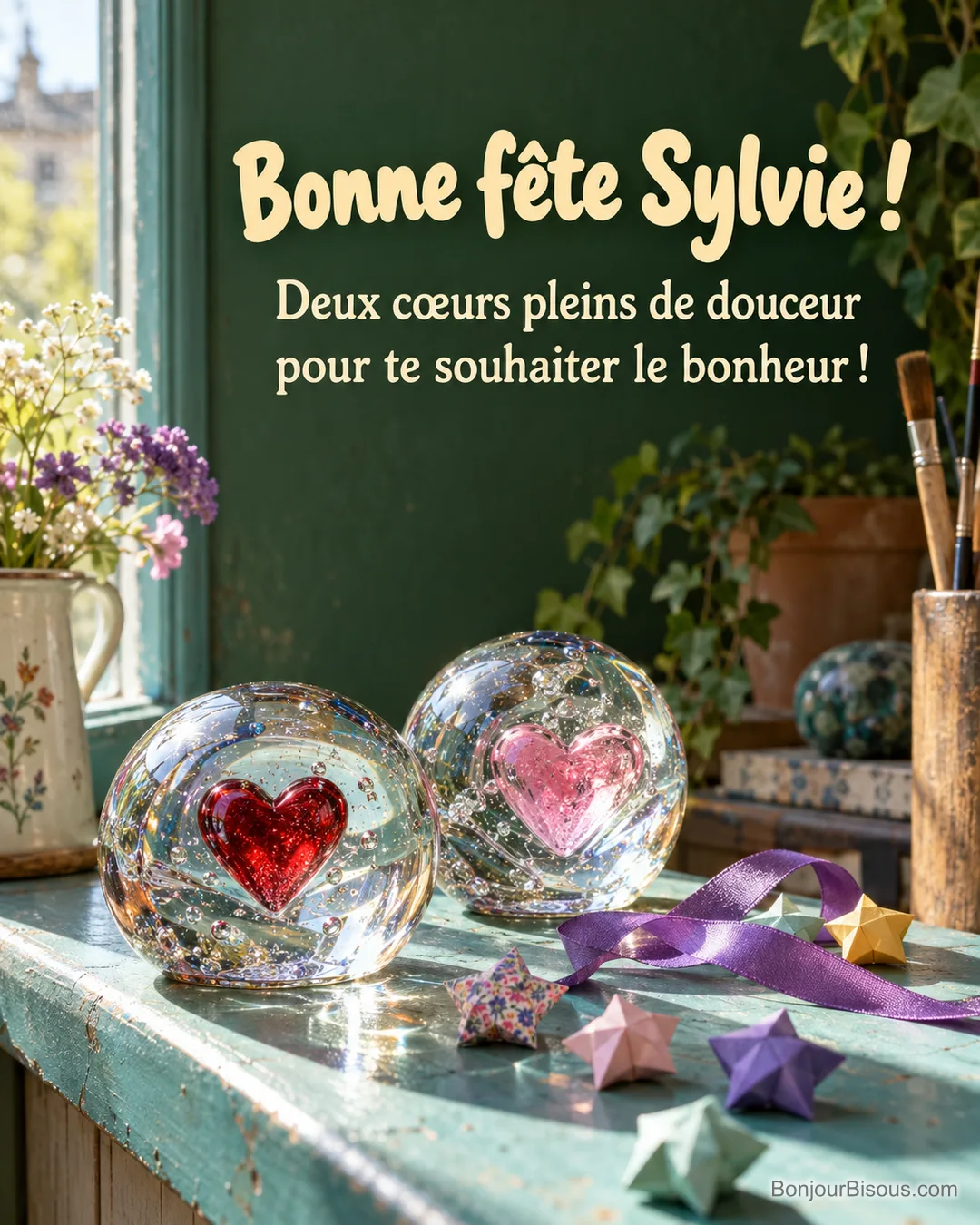 Deux presse-papiers en verre renferment des cœurs rouge et rose dans une lumière douce, avec le message « Bonne fête Sylvie ! Deux cœurs pleins de douceur pour te souhaiter le bonheur ! ». Deux presse-papiers en verre renferment des cœurs rouge et rose dans une lumière douce, avec le message « Bonne fête Sylvie ! Deux cœurs pleins de douceur pour te souhaiter le bonheur ! ».