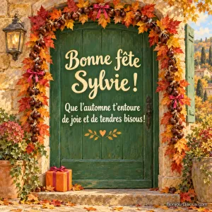 Une guirlande de marrons et de feuilles d’automne accueille un petit cadeau sur le seuil, avec le message « Bonne fête Sylvie ! Que l’automne t’entoure de joie et de tendres bisous ! ».