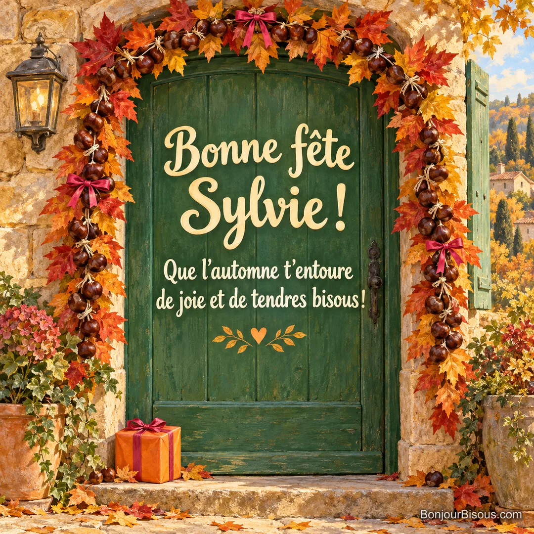 Une guirlande de marrons et de feuilles d’automne accueille un petit cadeau sur le seuil, avec le message « Bonne fête Sylvie ! Que l’automne t’entoure de joie et de tendres bisous ! ». Une guirlande de marrons et de feuilles d’automne accueille un petit cadeau sur le seuil, avec le message « Bonne fête Sylvie ! Que l’automne t’entoure de joie et de tendres bisous ! ».