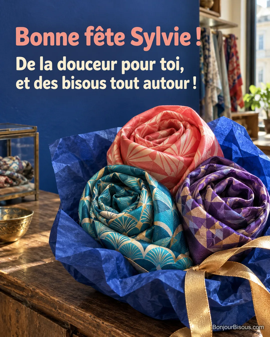 Trois foulards colorés en soie composent un cadeau doux et lumineux, avec le message « Bonne fête Sylvie ! De la douceur pour toi, et des bisous tout autour ! ». Trois foulards colorés en soie composent un cadeau doux et lumineux, avec le message « Bonne fête Sylvie ! De la douceur pour toi, et des bisous tout autour ! ».