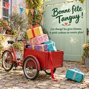 Un tricycle cargo rouge porte une pile de quatre cadeaux penchée, avec un cinquième paquet déjà au sol. Le message est : « Bonne fête Tanguy ! J’ai chargé les gros bisous, le petit cadeau ne rentre plus ! ».