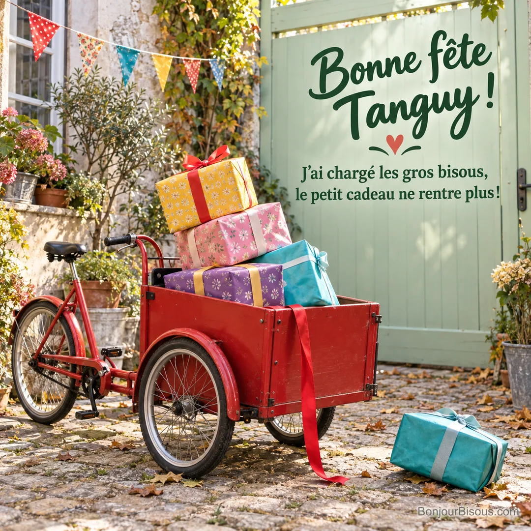 Un tricycle cargo rouge porte une pile de quatre cadeaux penchée, avec un cinquième paquet déjà au sol. Le message est : « Bonne fête Tanguy ! J’ai chargé les gros bisous, le petit cadeau ne rentre plus ! ». Un tricycle cargo rouge porte une pile de quatre cadeaux penchée, avec un cinquième paquet déjà au sol. Le message est : « Bonne fête Tanguy ! J’ai chargé les gros bisous, le petit cadeau ne rentre plus ! ».