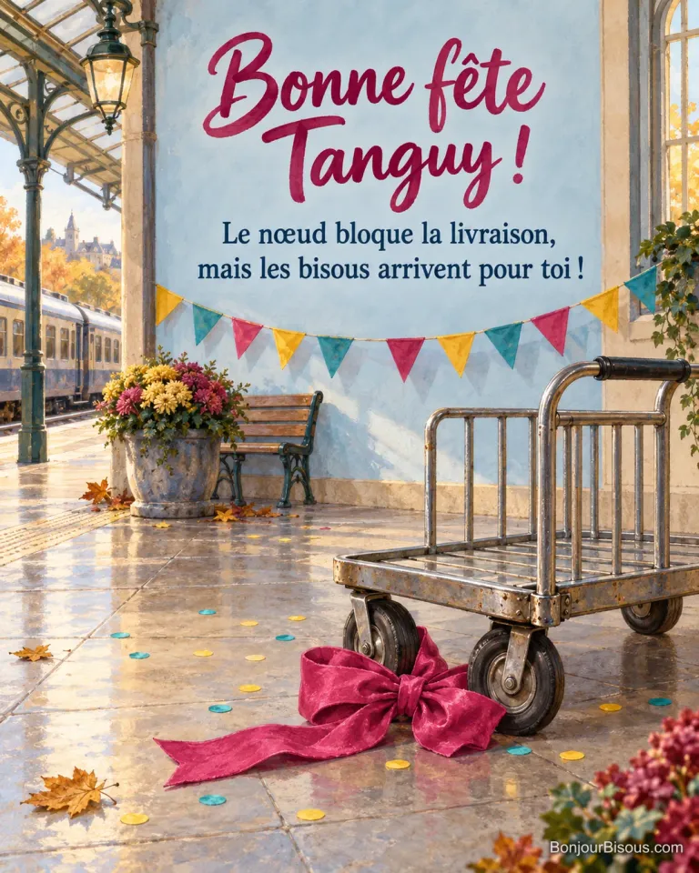 Un chariot à bagages est arrêté par un énorme nœud cadeau fuchsia coincé devant une roue. Le message est : « Bonne fête Tanguy ! Le nœud bloque la livraison, mais les bisous arrivent pour toi ! ».