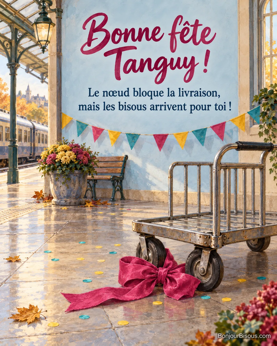 Un chariot à bagages est arrêté par un énorme nœud cadeau fuchsia coincé devant une roue. Le message est : « Bonne fête Tanguy ! Le nœud bloque la livraison, mais les bisous arrivent pour toi ! ». Un chariot à bagages est arrêté par un énorme nœud cadeau fuchsia coincé devant une roue. Le message est : « Bonne fête Tanguy ! Le nœud bloque la livraison, mais les bisous arrivent pour toi ! ».