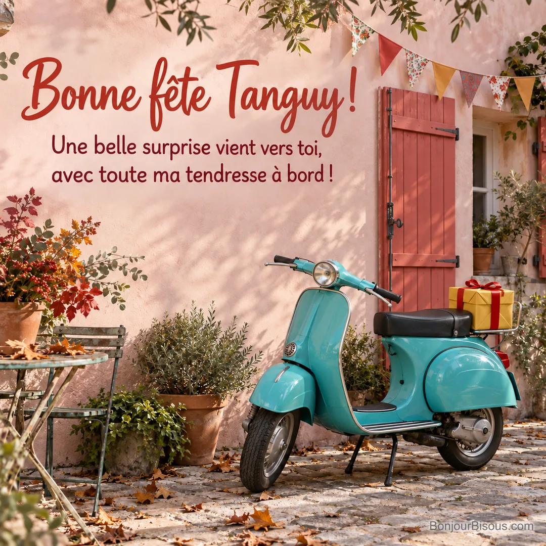 Un scooter vintage turquoise transporte un cadeau jaune dans une cour provençale décorée pour la fête. Le message est : « Bonne fête Tanguy ! Une belle surprise vient vers toi, avec toute ma tendresse à bord ! ». Un scooter vintage turquoise transporte un cadeau jaune dans une cour provençale décorée pour la fête. Le message est : « Bonne fête Tanguy ! Une belle surprise vient vers toi, avec toute ma tendresse à bord ! ».