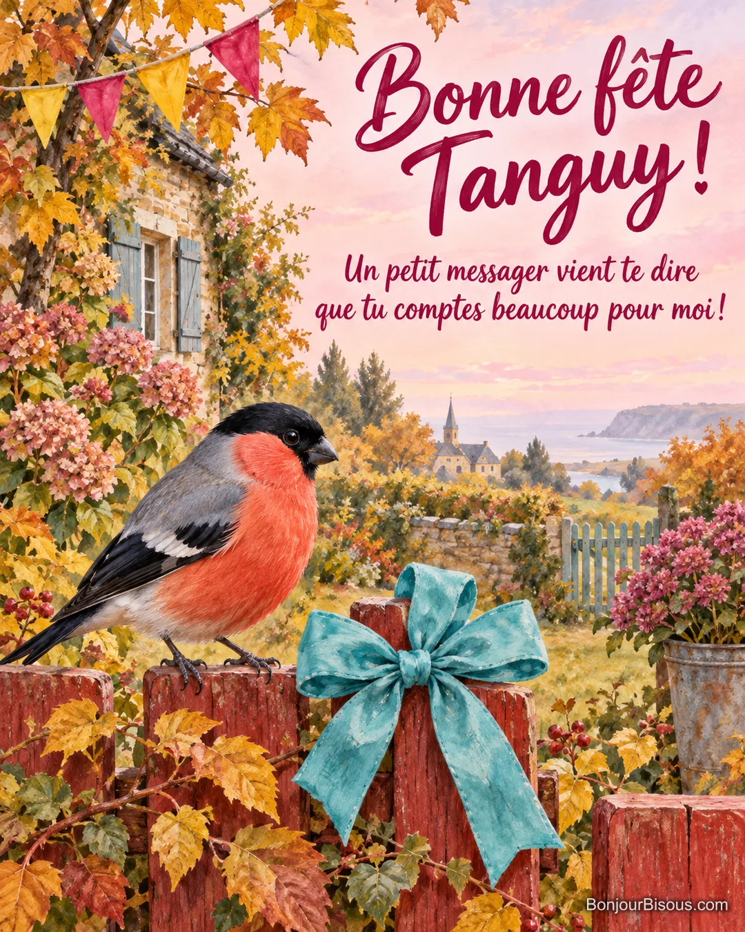 Un bouvreuil au plastron rouge se pose près d’un nœud turquoise dans un jardin aux fanions colorés. Le message est : « Bonne fête Tanguy ! Un petit messager vient te dire que tu comptes beaucoup pour moi ! ». Un bouvreuil au plastron rouge se pose près d’un nœud turquoise dans un jardin aux fanions colorés. Le message est : « Bonne fête Tanguy ! Un petit messager vient te dire que tu comptes beaucoup pour moi ! ».