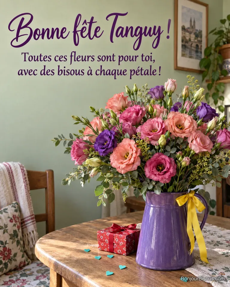 Des lisianthus corail, roses et violets débordent d’un pichet émaillé près d’un petit cadeau rouge. Le message est : « Bonne fête Tanguy ! Toutes ces fleurs sont pour toi, avec des bisous à chaque pétale ! ».