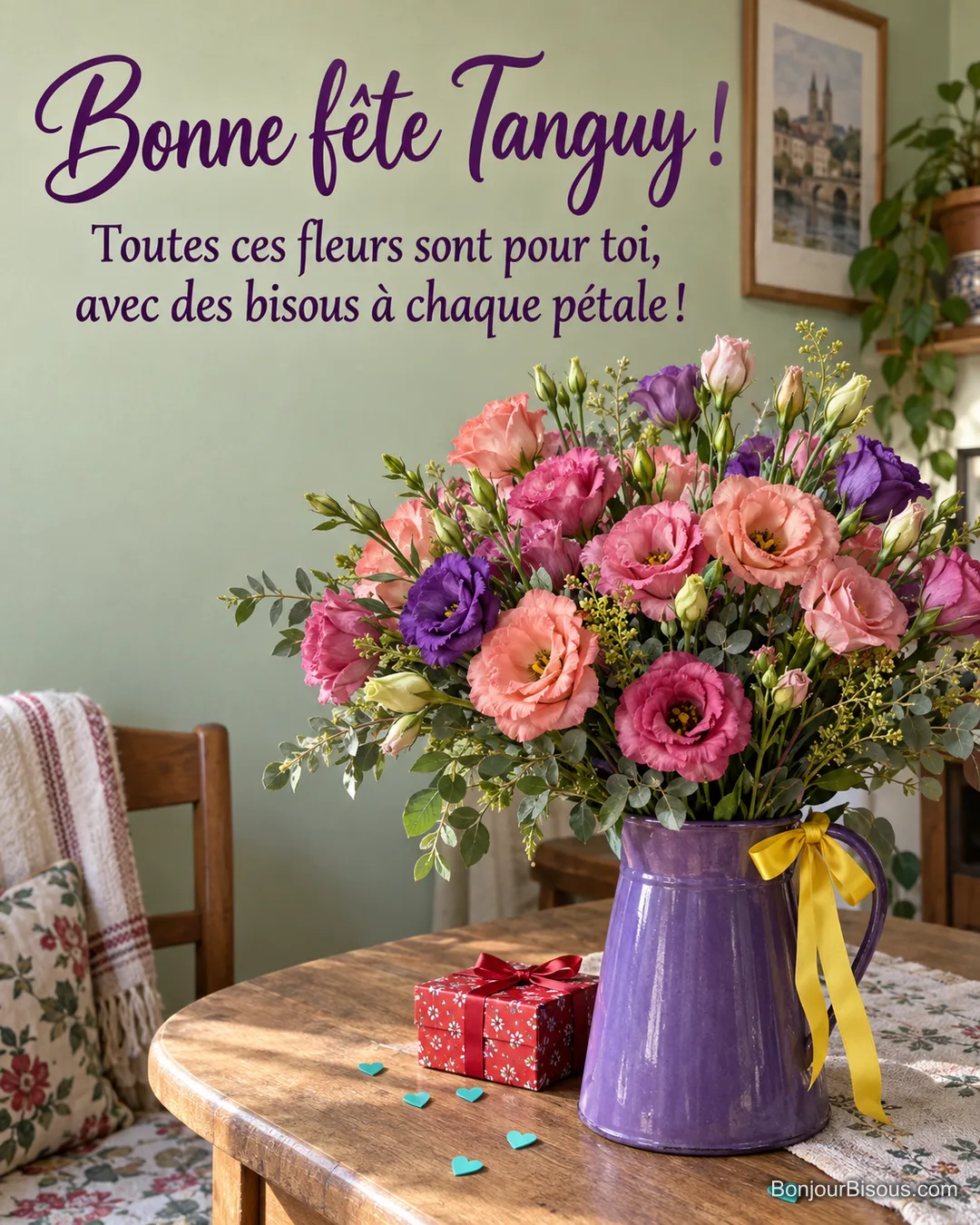 Des lisianthus corail, roses et violets débordent d’un pichet émaillé près d’un petit cadeau rouge. Le message est : « Bonne fête Tanguy ! Toutes ces fleurs sont pour toi, avec des bisous à chaque pétale ! ». Des lisianthus corail, roses et violets débordent d’un pichet émaillé près d’un petit cadeau rouge. Le message est : « Bonne fête Tanguy ! Toutes ces fleurs sont pour toi, avec des bisous à chaque pétale ! ».