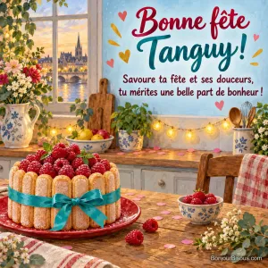 Une charlotte aux framboises entourée d’un ruban turquoise invite à savourer une fête pleine de douceur. Le message est : « Bonne fête Tanguy ! Savoure ta fête et ses douceurs, tu mérites une belle part de bonheur ! ».