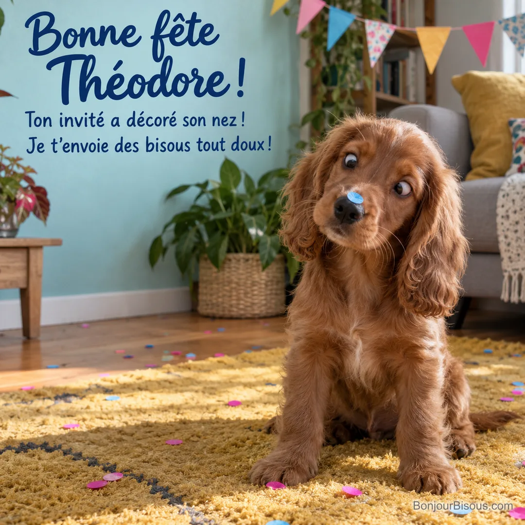 Un chiot épagneul roux découvre un confetti bleu sur son museau au milieu des décorations de fête, avec le message « Bonne fête Théodore ! Ton invité a décoré son nez ! Je t’envoie des bisous tout doux ! ». Un chiot épagneul roux découvre un confetti bleu sur son museau au milieu des décorations de fête, avec le message « Bonne fête Théodore ! Ton invité a décoré son nez ! Je t’envoie des bisous tout doux ! ».