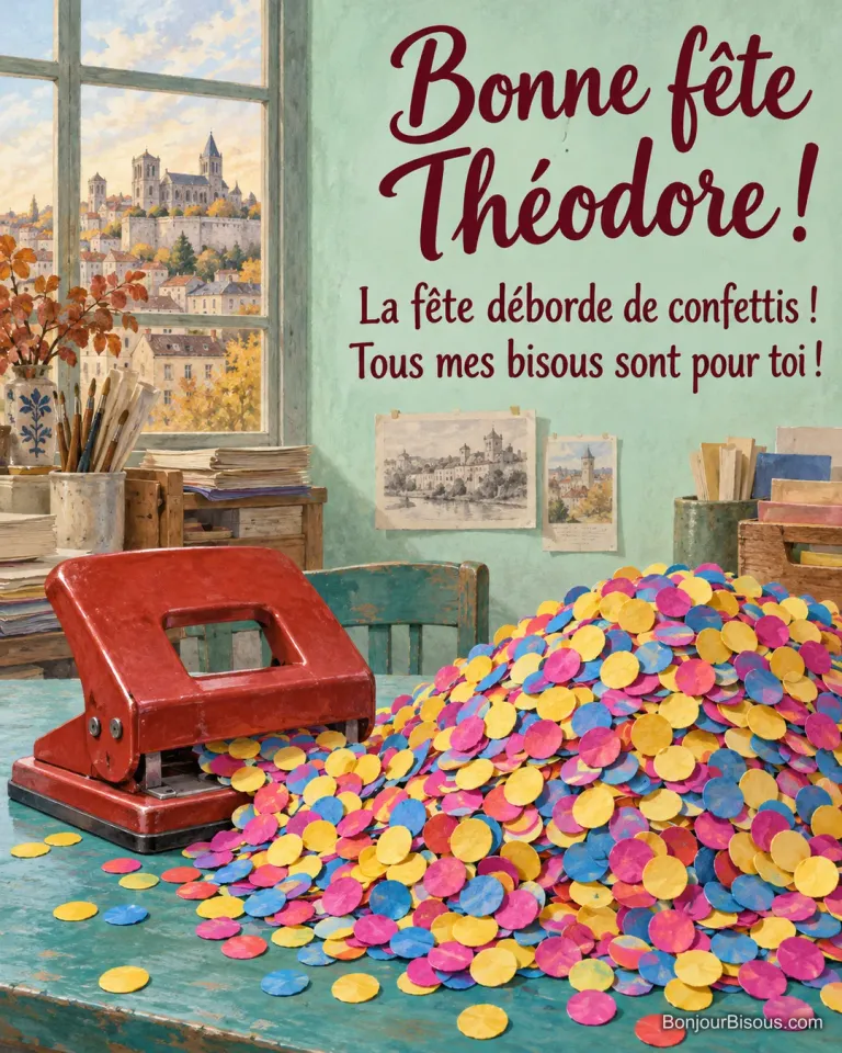 Une perforatrice rouge a préparé une montagne joyeuse de confettis multicolores sur une table turquoise, avec le message « Bonne fête Théodore ! La fête déborde de confettis ! Tous mes bisous sont pour toi ! ».