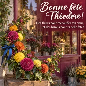 Un croissant floral de chrysanthèmes fuchsia, jaunes et orange porte un petit nœud bleu devant une fenêtre, avec le message « Bonne fête Théodore ! Des fleurs pour réchauffer ton cœur, et des bisous pour ta belle fête ! ».